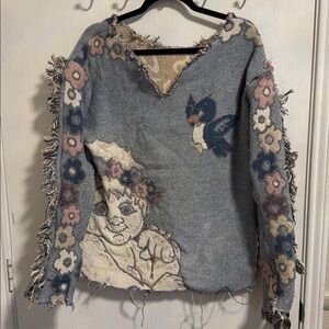 RARE! Dreamsicle Tapestry Sweater Cherub Long Sleeve V-Neck Distressed Fringe‎